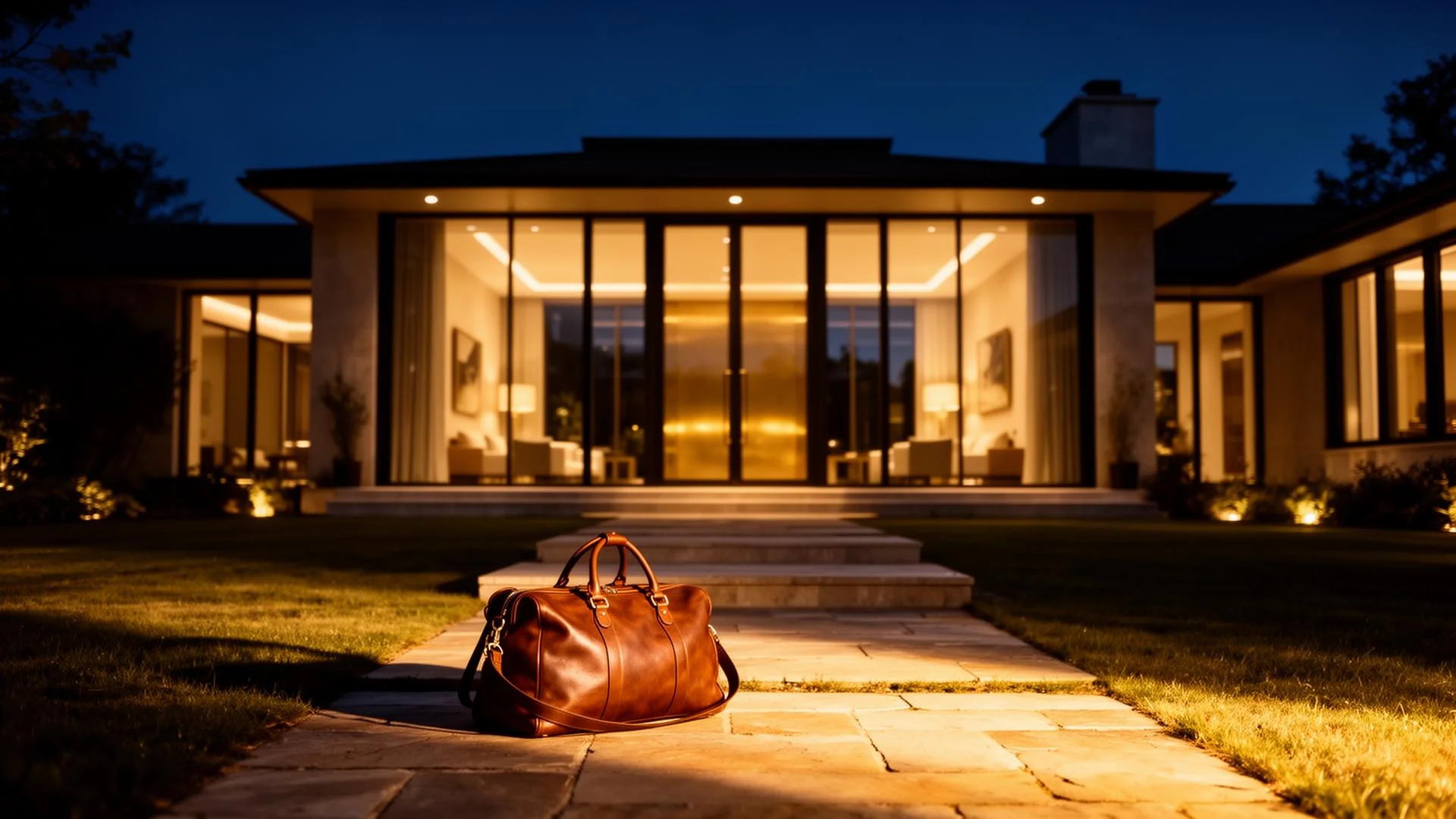 Luxury home at dusk with a packed travel bag at the entrance